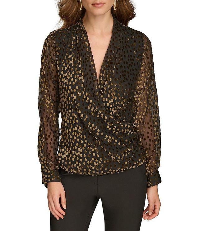 Donna Karan Burnout Velvet Dot Long Sleeve Faux Wrap Top Product Image