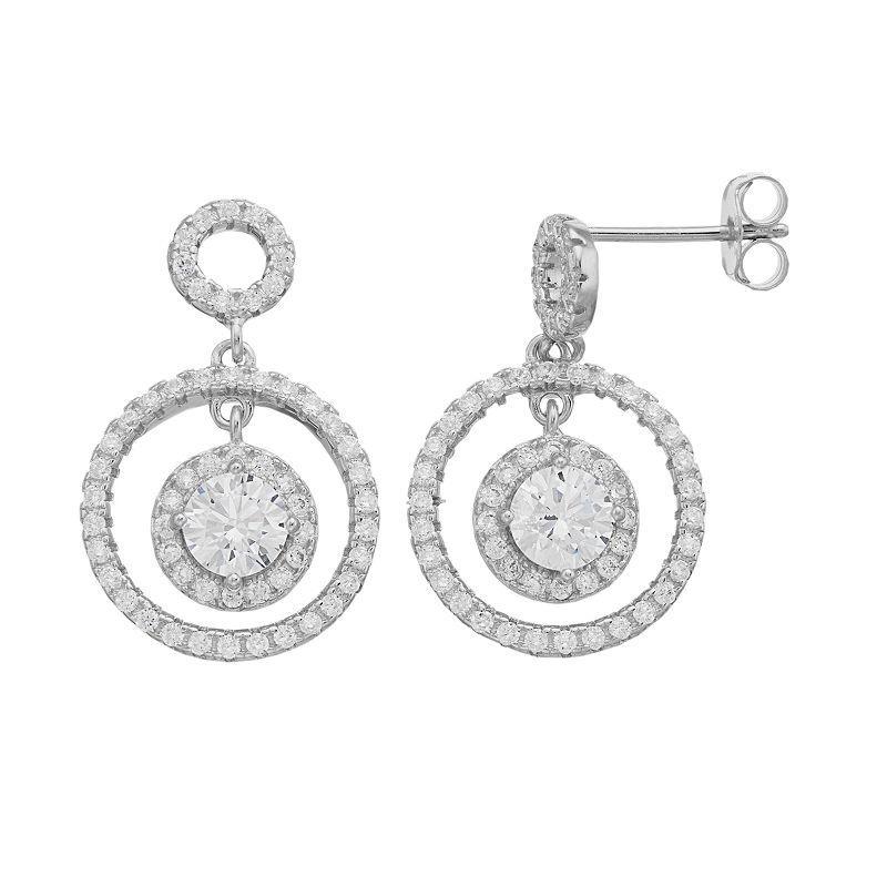 Sterling Silver Three Halo Round Cubic Zirconia Drop Earrings, Womens Product Image