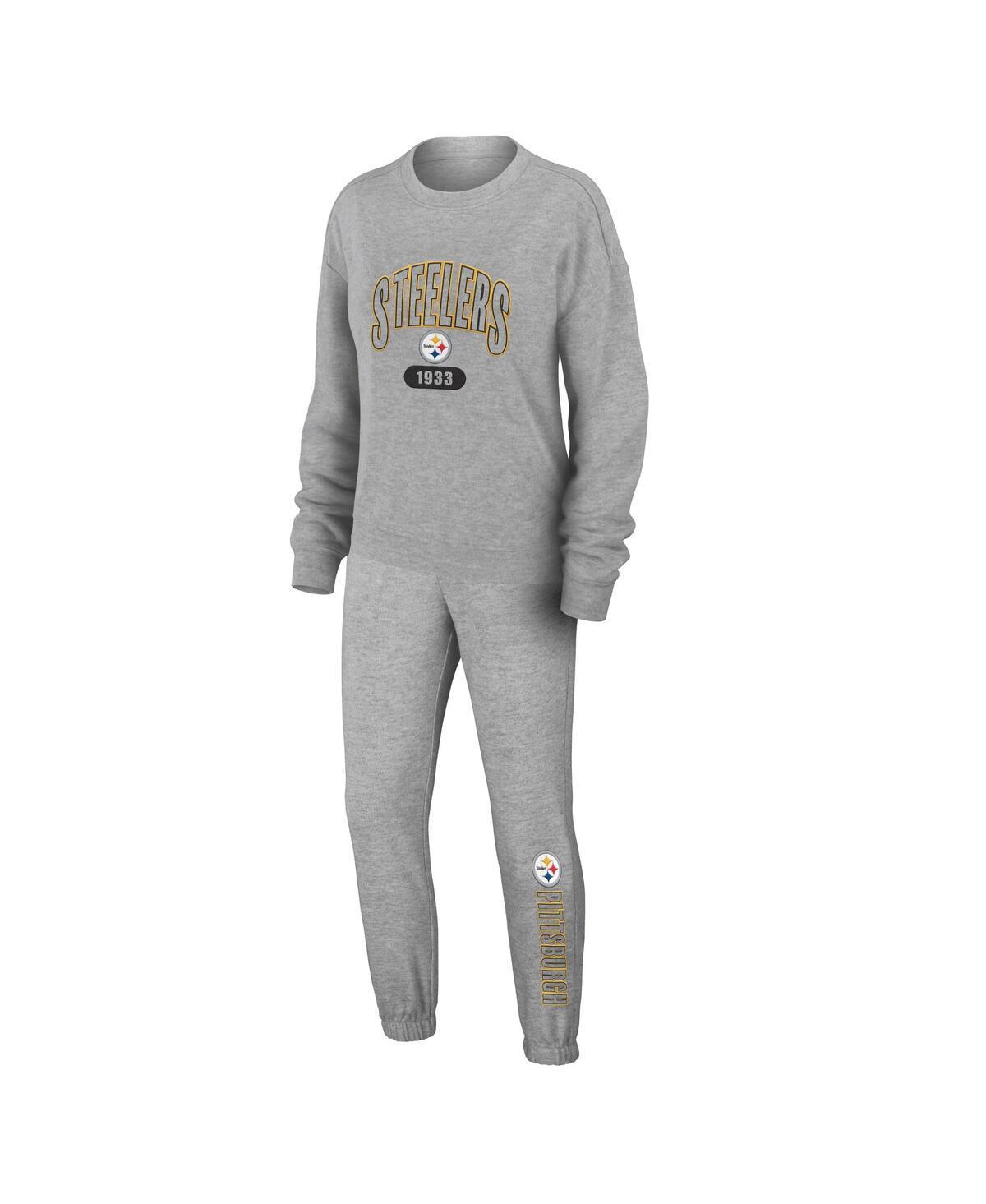 Womens WEAR by Erin Andrews Heather Gray Pittsburgh Steelers Plus Size Knitted Tri-Blend Long Sleeve T-Shirt & Pants Lounge Set Product Image