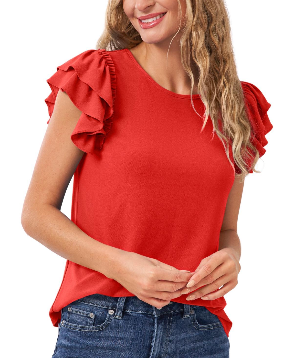 CeCe Womens Ruffled Flutter-Sleeve Short Sleeve Knit Top Product Image