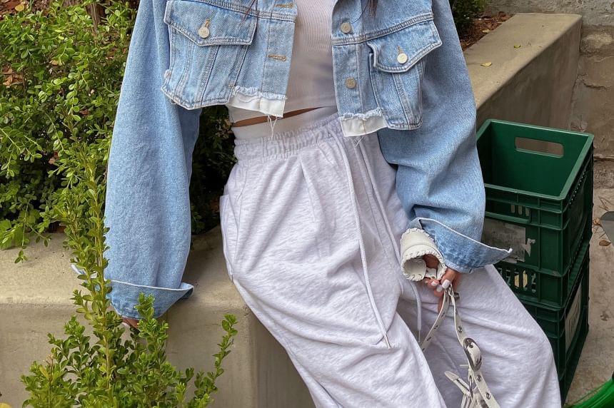 Collared Button-Up Denim Crop Jacket Product Image