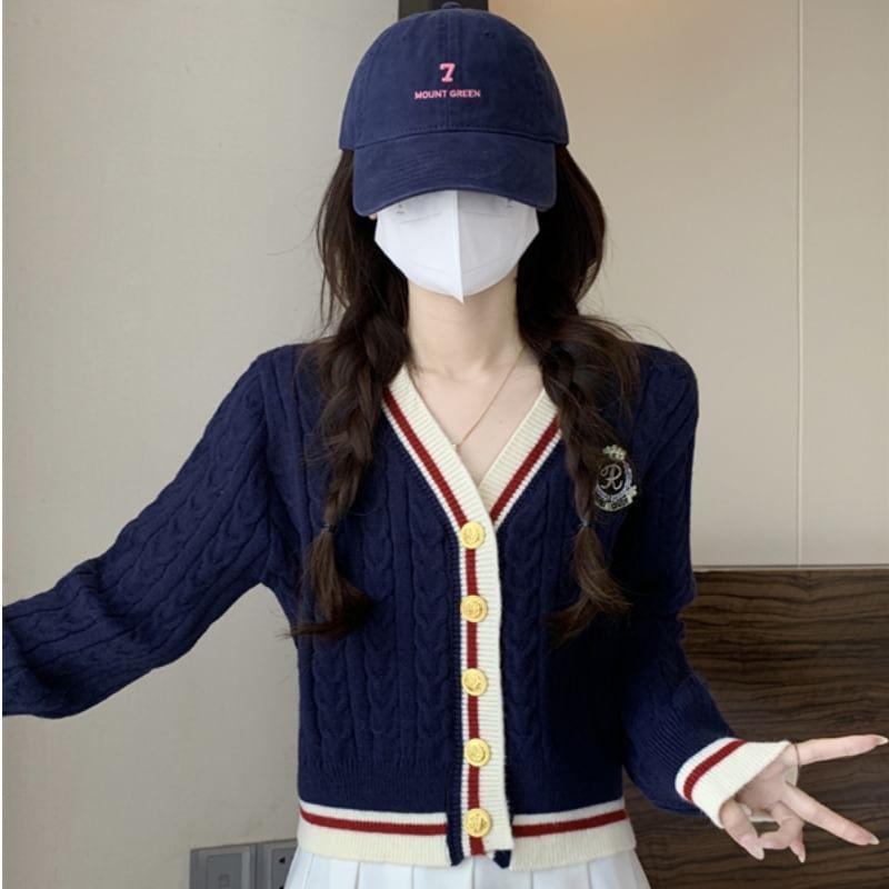 V-Neck Striped Cable Knit Cardigan Product Image