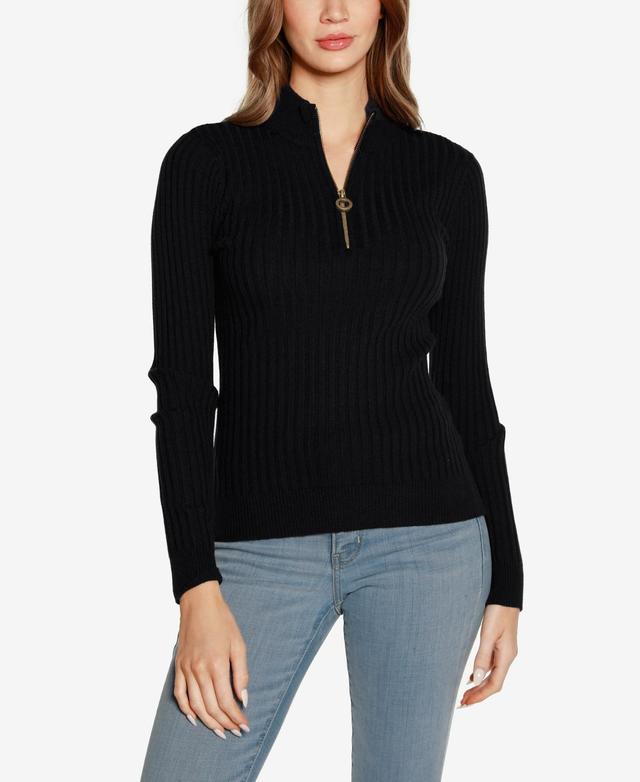 Belldini Womens Black Label Ribbed Mock Neck Half-Zip Sweater Product Image