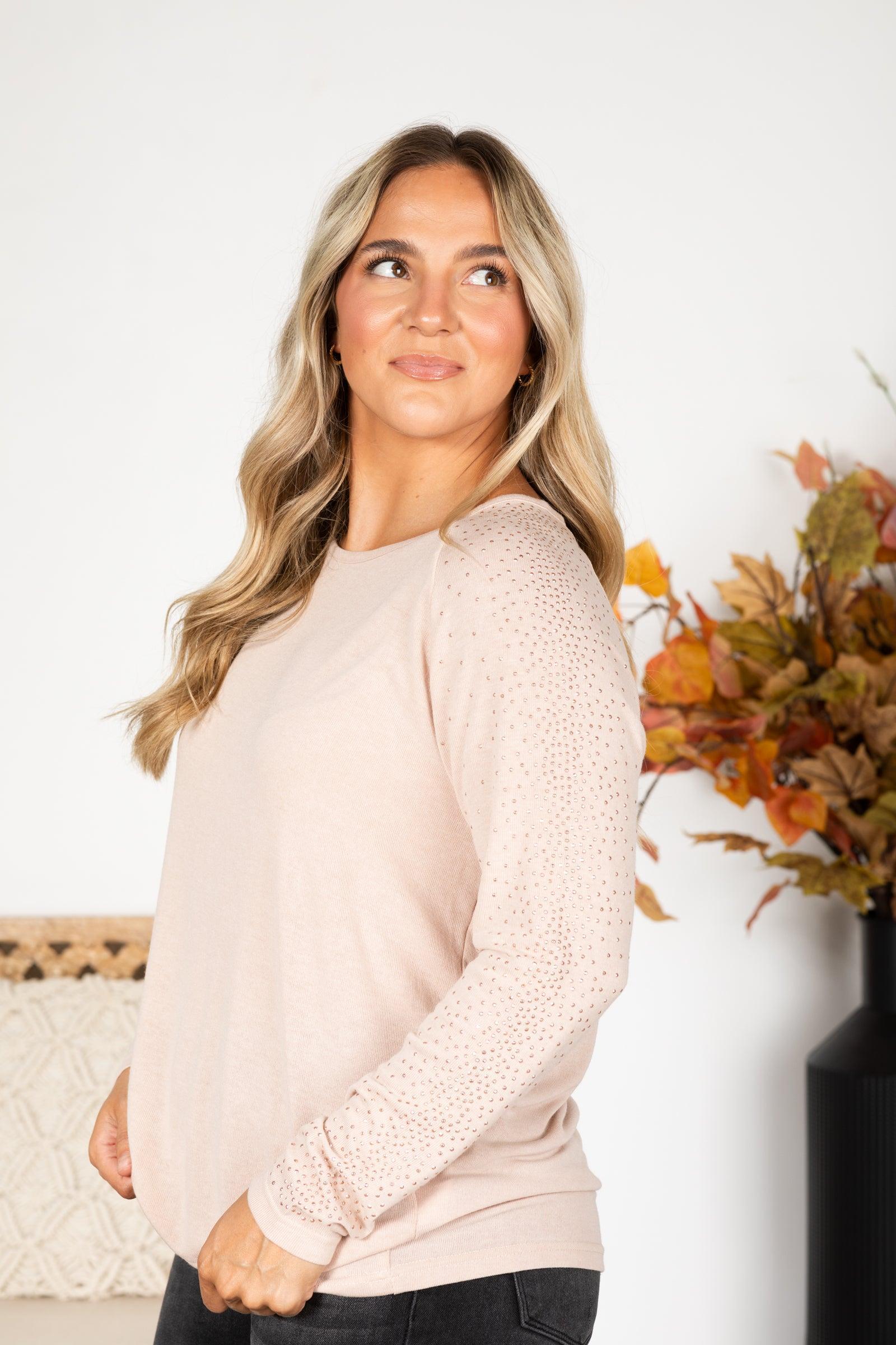 Dusty Light Rose With Stones Sleeves Knit Top product image