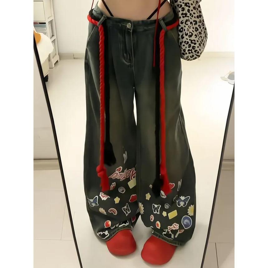 Low Waist Washed Cartoon Applique Wide Leg Jeans Product Image