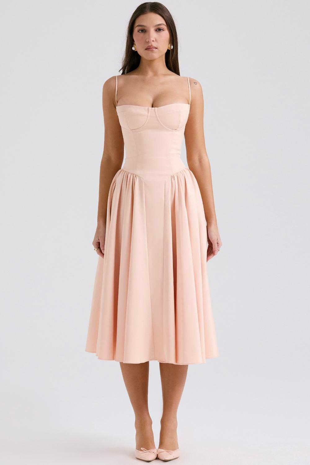 Samaria Peach Parfait Twill Corset Midi Dress Product Image