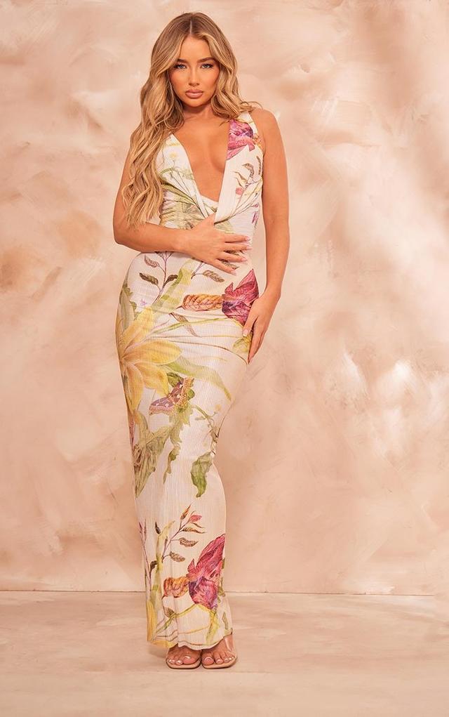 Cream Floral Print Plisse Cowl Plunge Maxi Dress Product Image