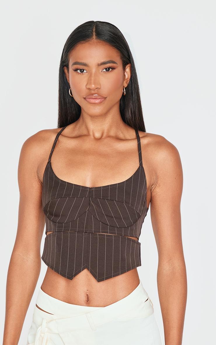  Brown Premium Woven Pinstripe Cross Back Cropped Corset Product Image