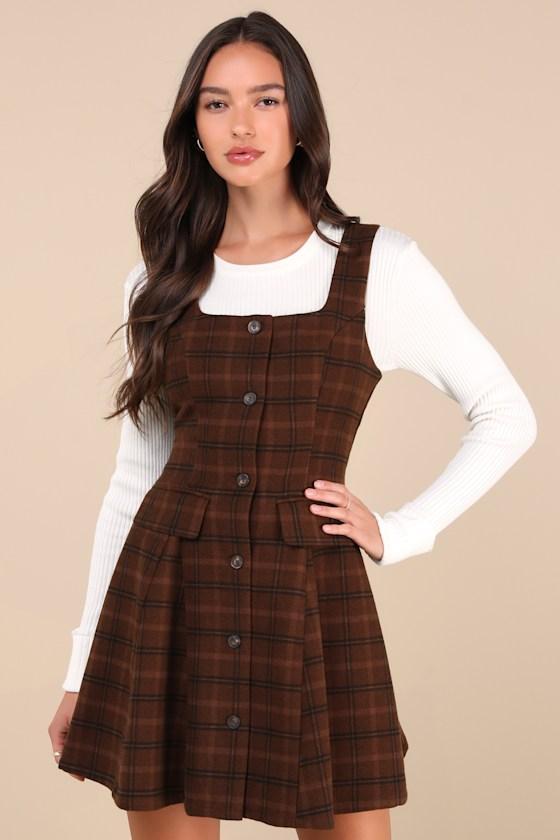 Autumn Approach Brown Plaid Sleeveless Button-Up Mini Dress product image