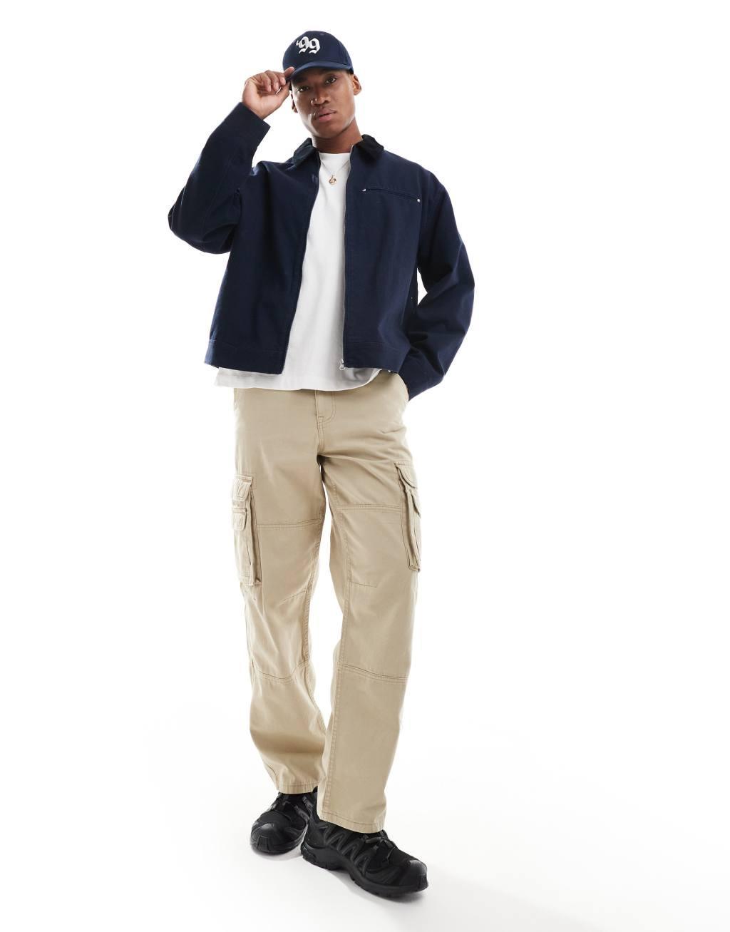 ASOS DESIGN oversized harrington jacket with cord collar in navy Product Image