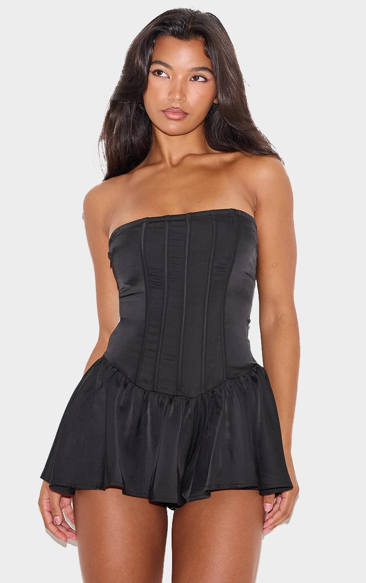 Black Satin Corset Detail Bandeau Romper Product Image