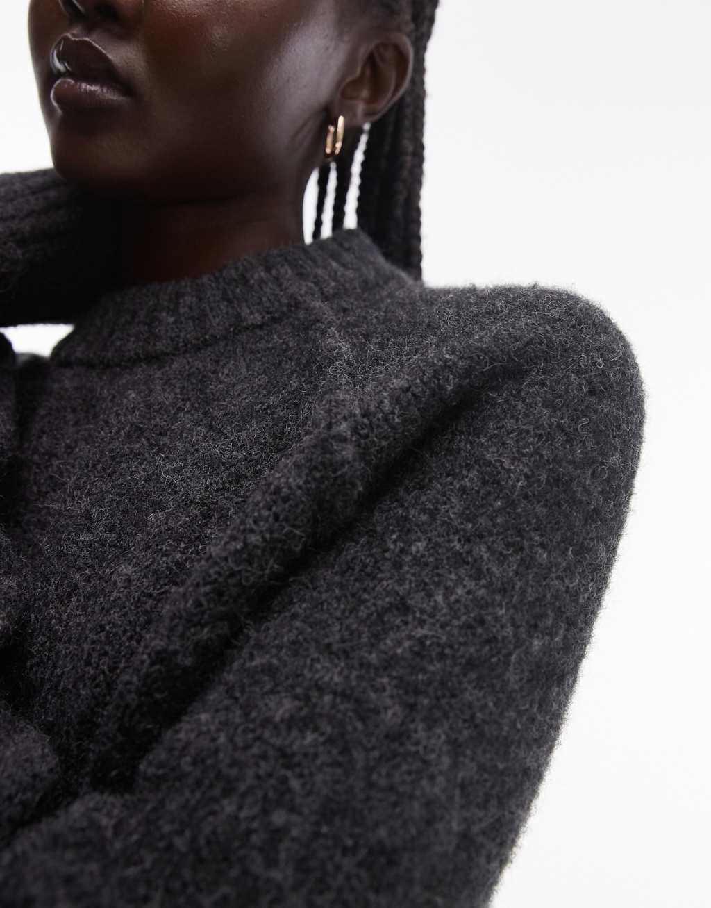 Topshop knitted crew with raglan and exposed seam sweater in charcoal Product Image