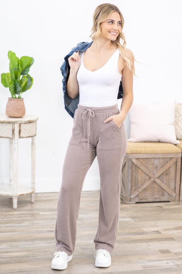 Mocha Solid Ribbed Casual Pants Product Image