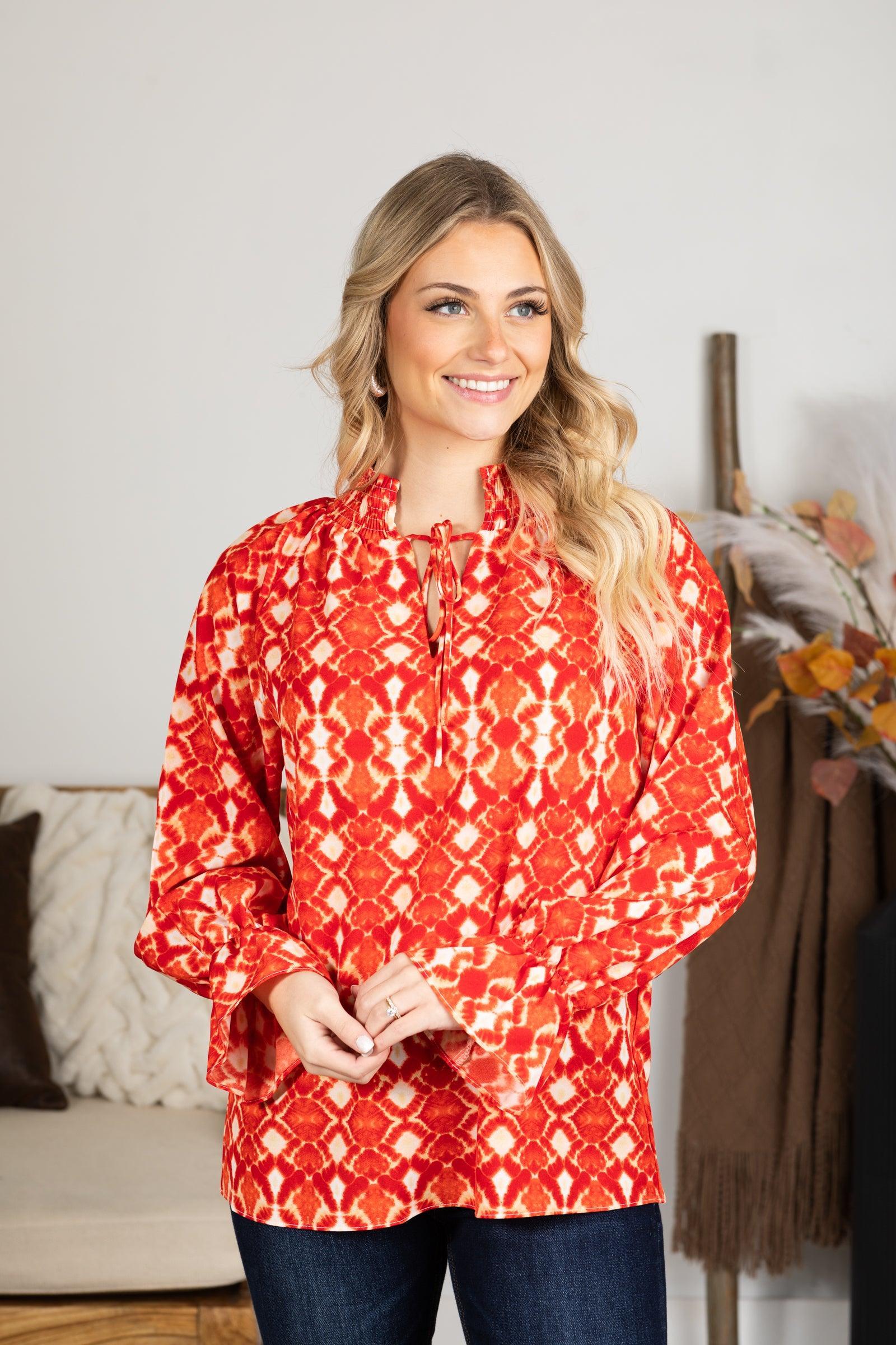 Red and Peach Boho Print Notch Neck Top Product Image