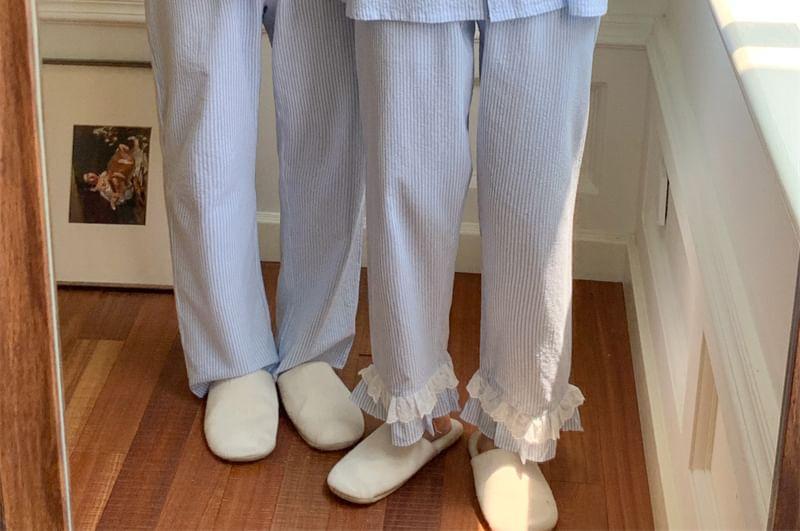 Couple Matching Striped Lace Trim Pajama Shirt / Pocket Detail Shirt / Pants / Set Product Image