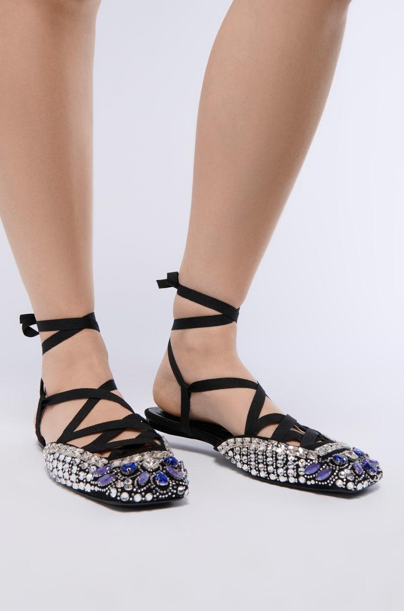 AZALEA WANG NELSIE BLACK EMBELLISHED LACE UP FLAT Product Image