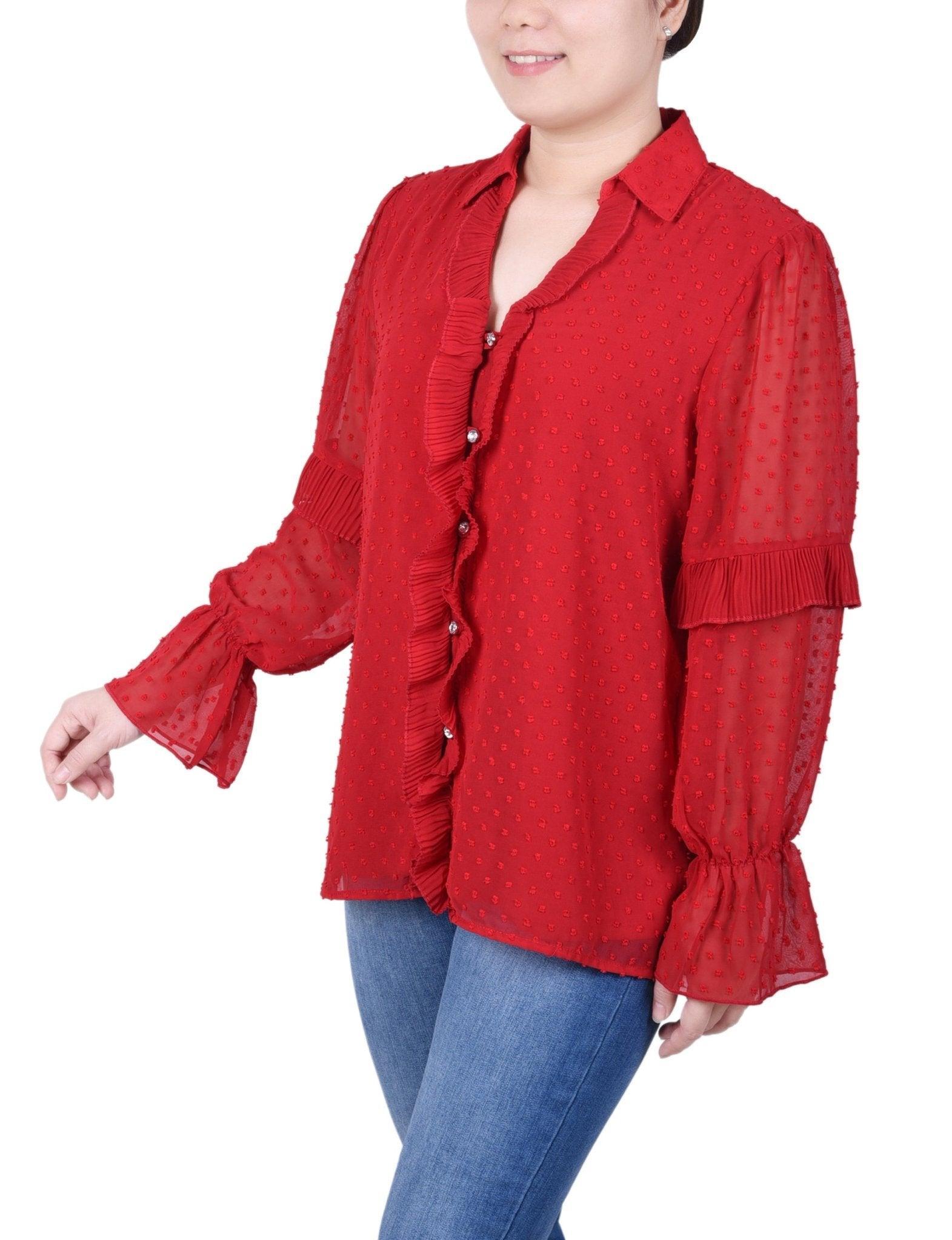 NY Collection Long Sleeve Dotted Chiffon Blouse - Petite Product Image