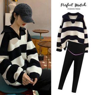 Maternity Collared Striped Sweater / Leggings / Set Product Image