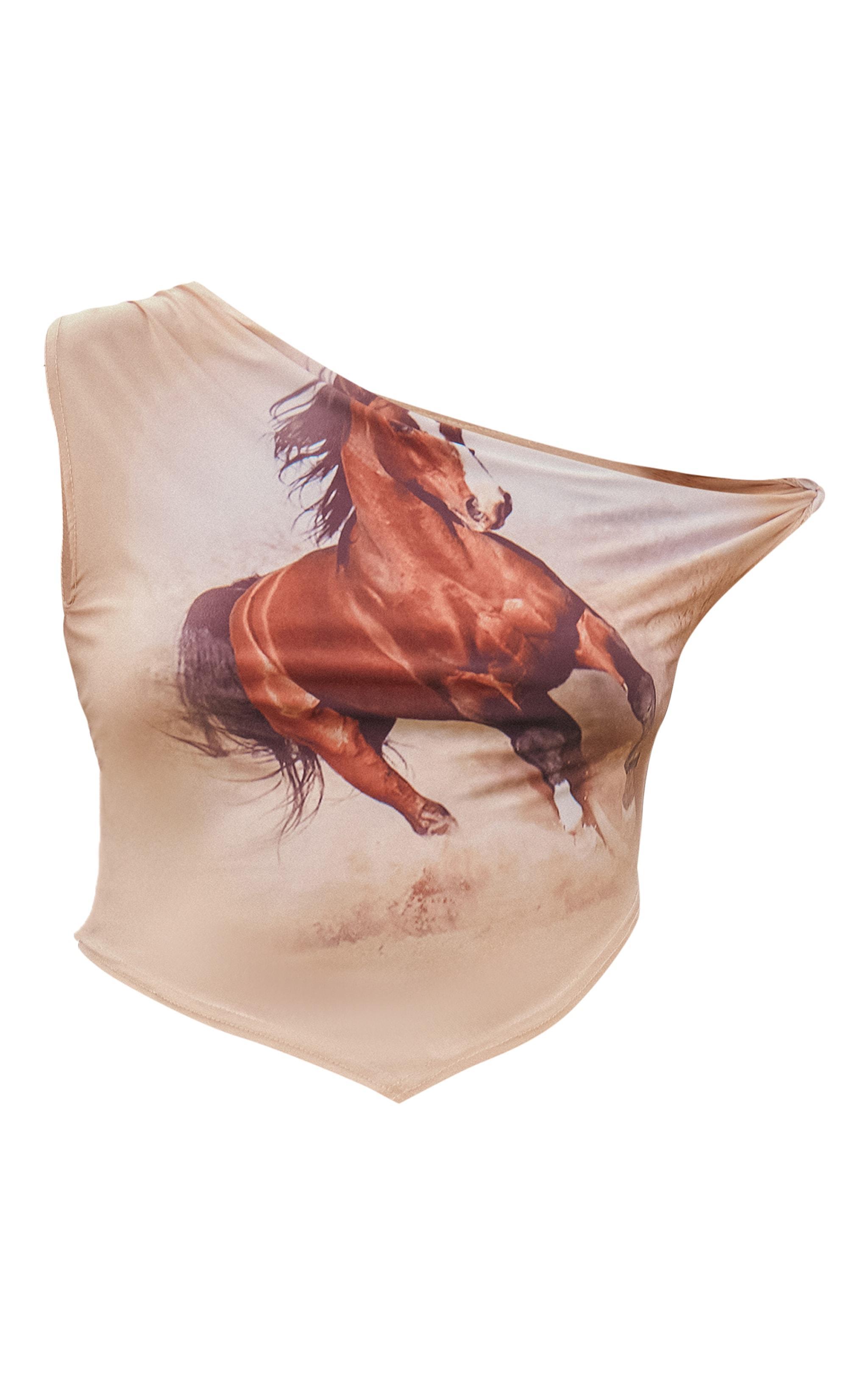 Plus Brown Horse Printed Slinky Asymmetrical Crop Top Product Image