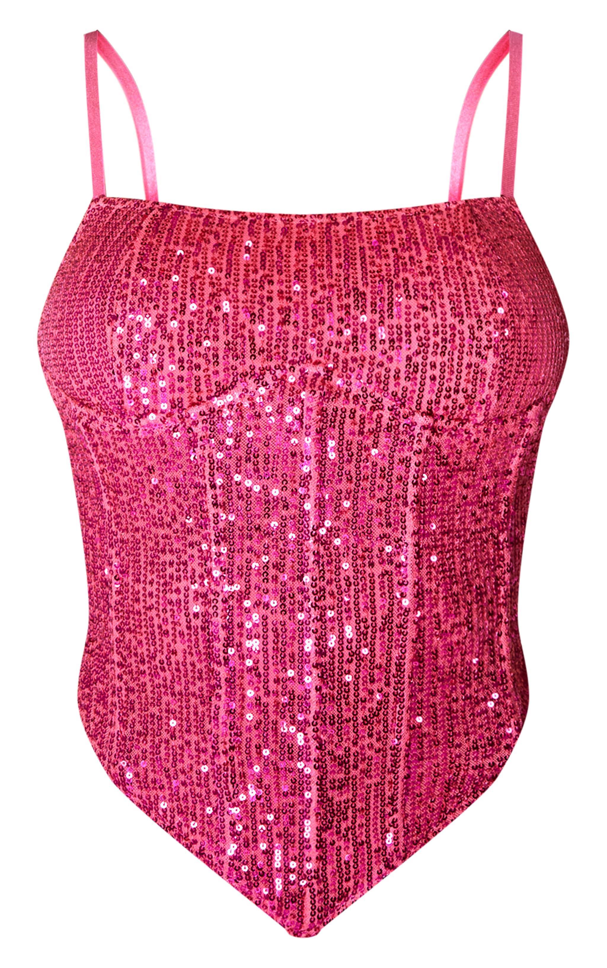 Hot Pink Sequin Corset Detail Strappy Top Product Image