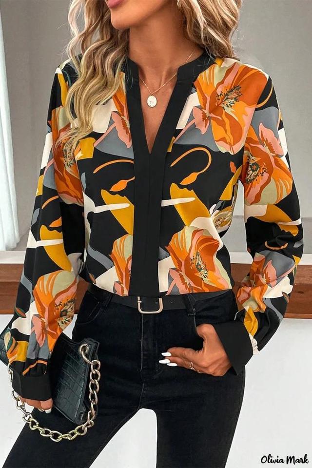 Olivia Mark – Floral Print Split V Neck Blouse – Vibrant Multicolour Pattern Product Image