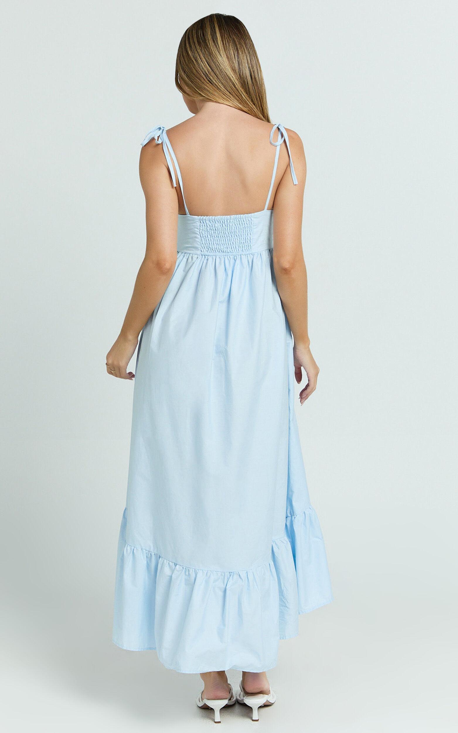 Aveiro Midi Dress - Straight Neck Shoulder Tie High Low Ruffle Hem in Soft Blue Product Image