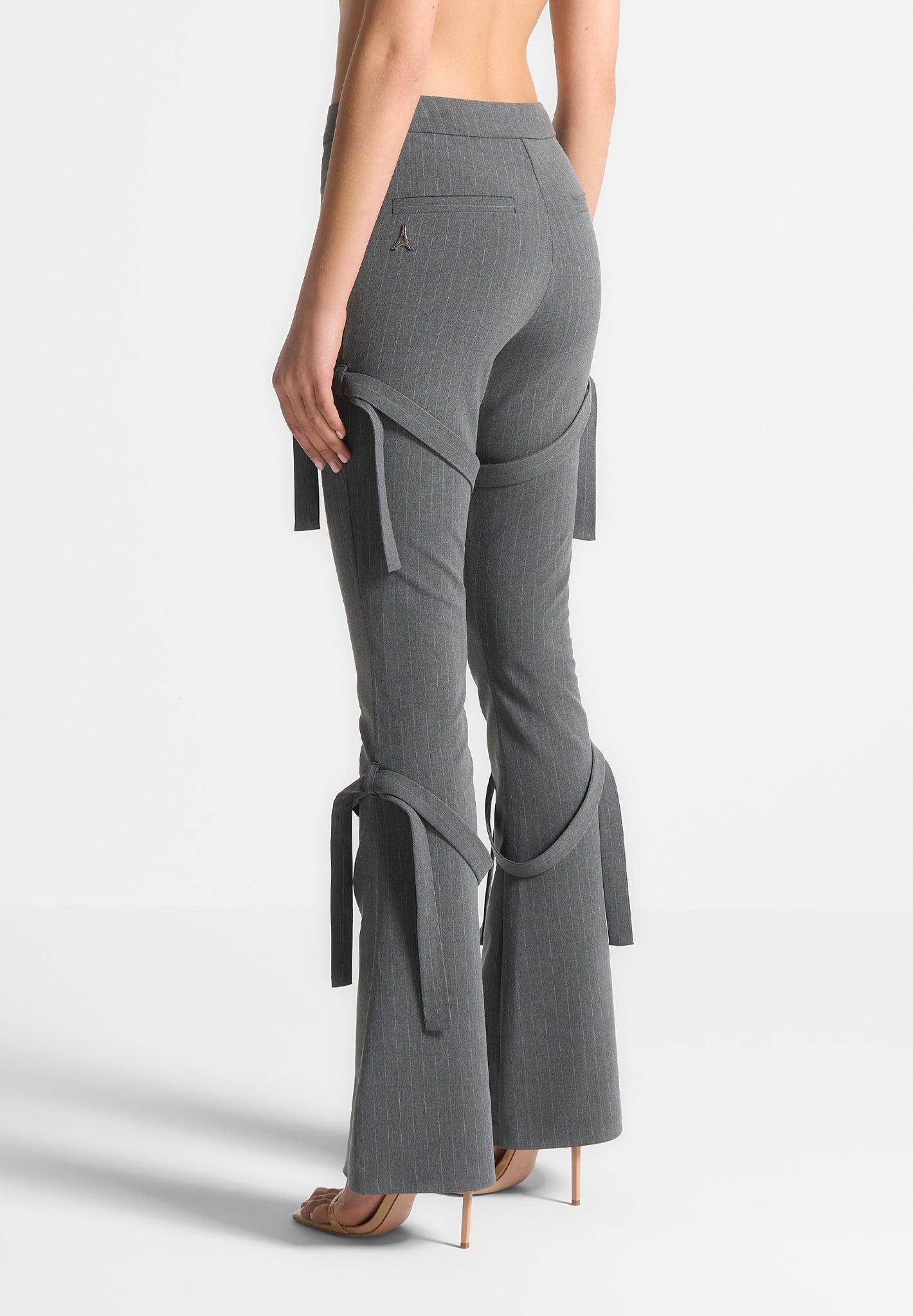 Strap Detail Pinstripe Fit and Flare Leggings - Grey Female Product Image