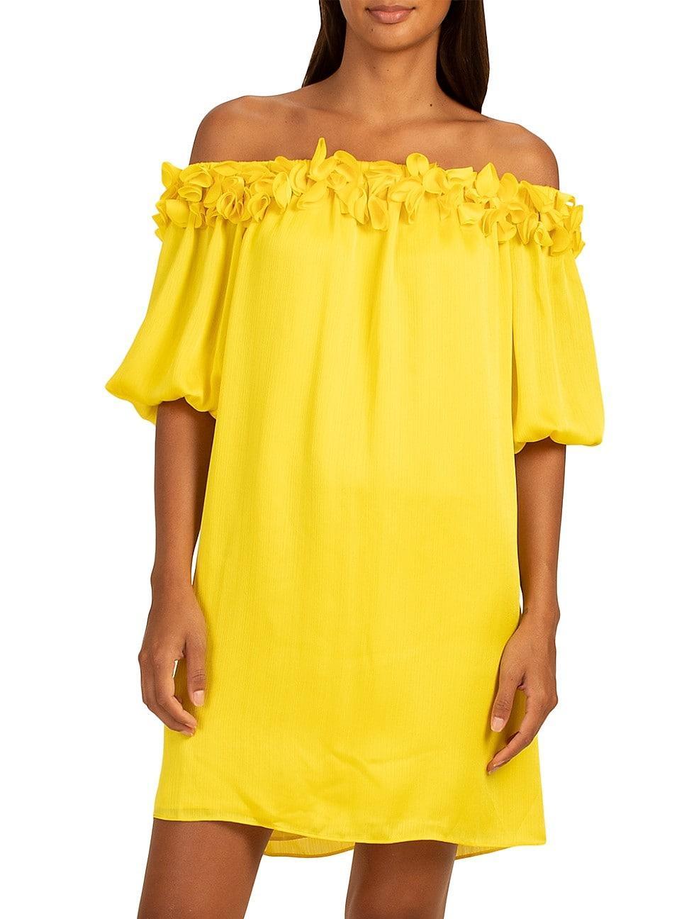 Trina Turk Gateway Georgette Floral Ruffled Off-the-Shoulder Short Balloon Sleeve Shift Dress Product Image