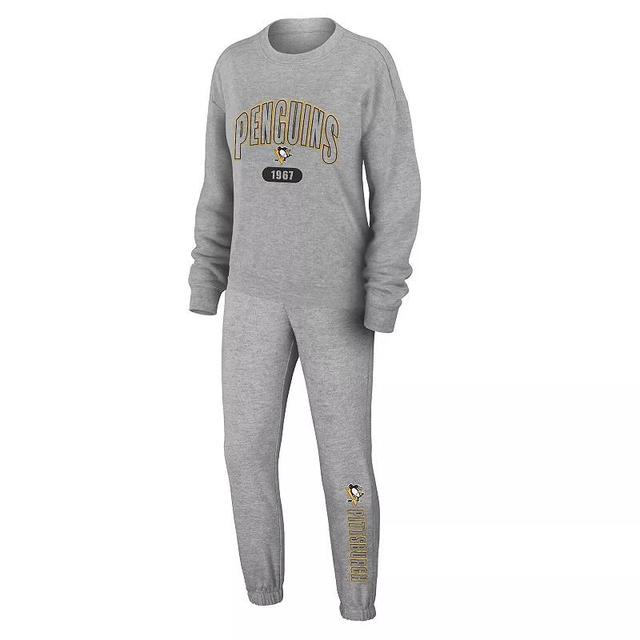 Womens WEAR by Erin Andrews Heather Gray Pittsburgh Penguins Knit Long Sleeve Tri-Blend T-Shirt & Pants Sleep Set Product Image