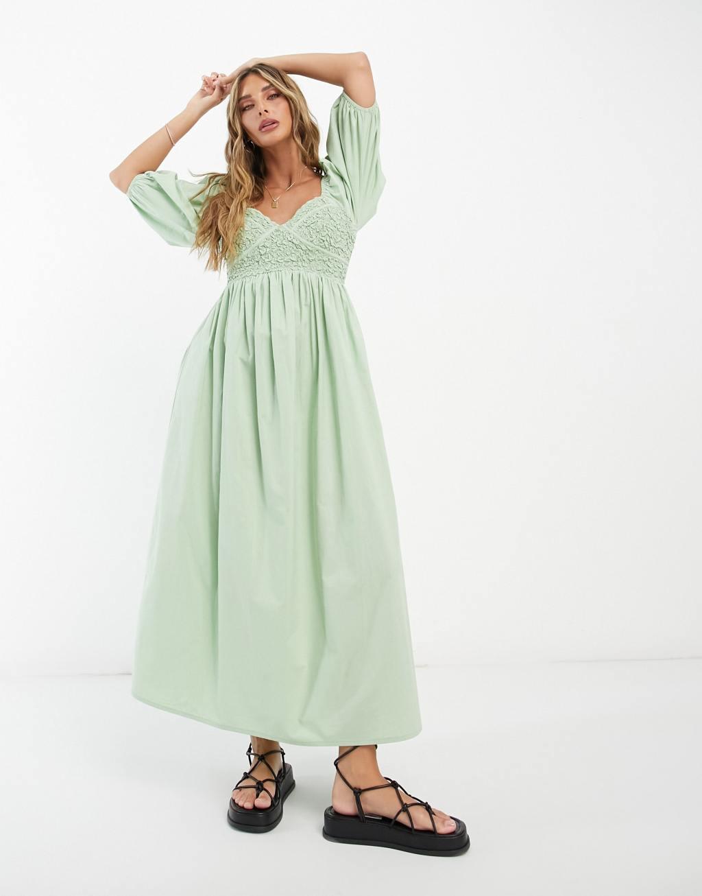 ASOS DESIGN cotton shirred corset midi dress in sage green Product Image