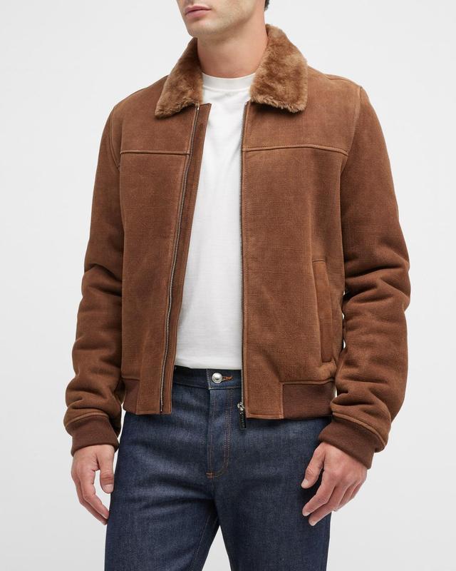 Gorski Mens Check Lamb Shearling Bomber Jacket - Size: X-LARGE - CAMEL PATTERN Product Image