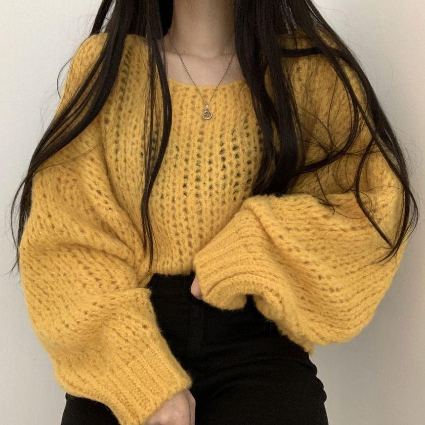 Puff-Sleeve Plain Chunky Knit Sweater Product Image