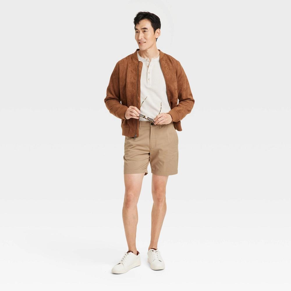 Mens 7 Flat Front Tech Chino Shorts - Goodfellow & Co Khaki 36 Product Image