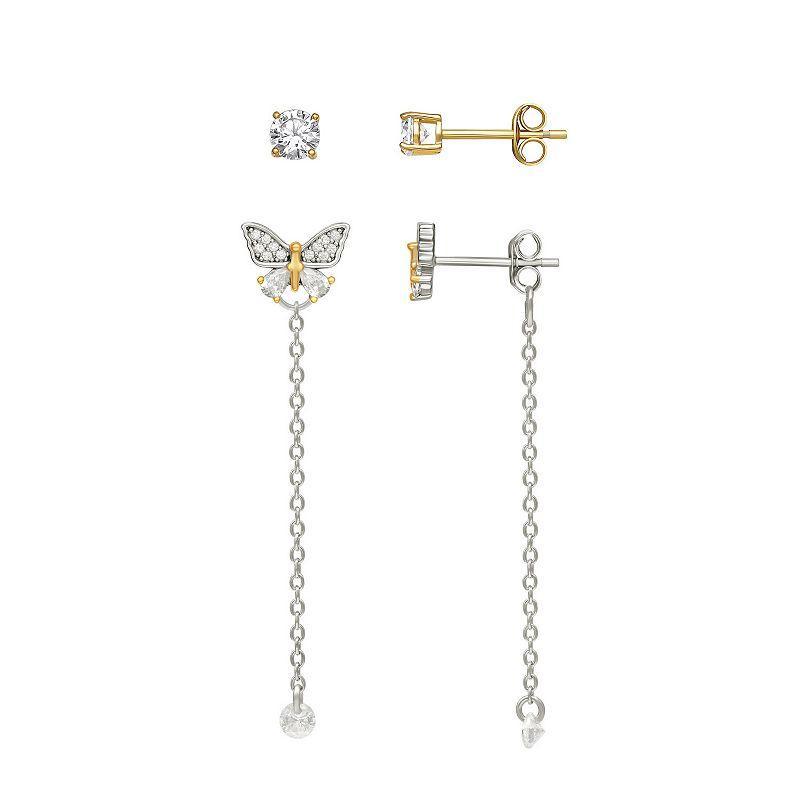 PRIMROSE Two Tone Sterling Silver & 18k Gold Plated Cubic Zirconia Stud & Butterfly Chain Drop Earring Set, Womens, White Product Image