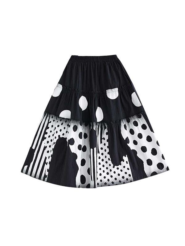 Loose Elasticity Pleated Pockets Polka Dot Printed Ruffled Split-Joint Skirts Bottoms Product Image