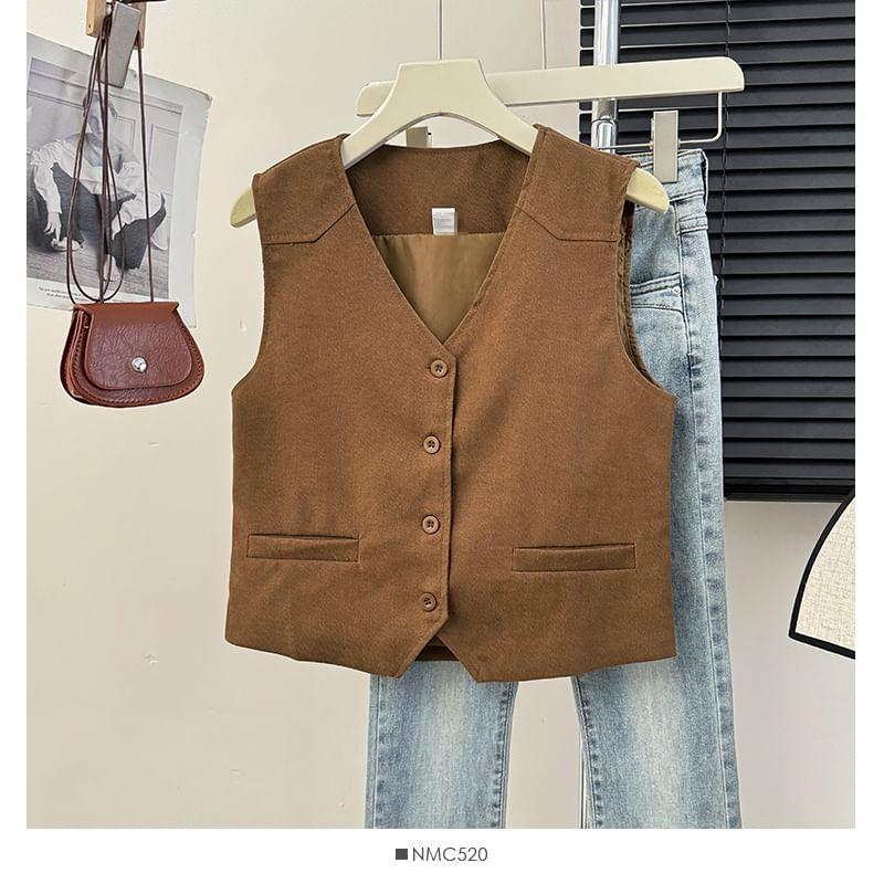 Button-Up V-Neck Vest Jacket Product Image