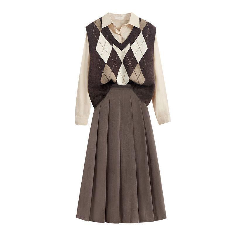 Long-Sleeve Plain Button-Up Shirt / V-Neck Argyle Sweater Vest / High Waist Pleated Midi A-Line Skirt / Set Product Image