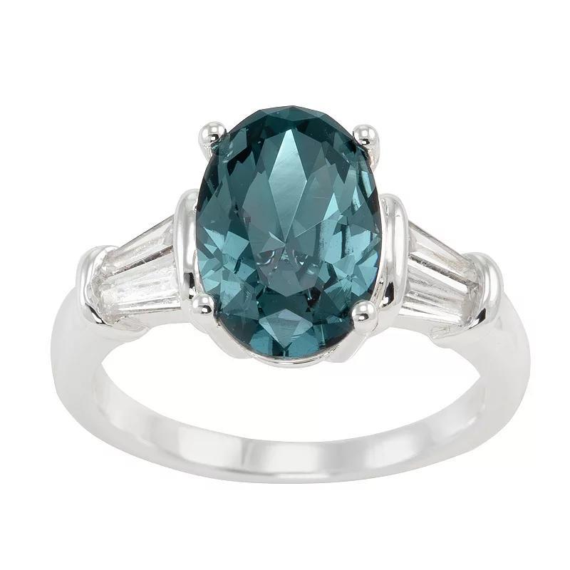 City Luxe Silver Tone Oval Blue Crystal & Cubic Zirconia Baguette Ring, Womens Silver Tone Blue Product Image