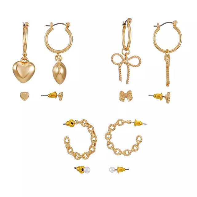 Berry Jewelry Gold Tone Hearts and Bows 6 Pair Earring Set, Womens, None Product Image