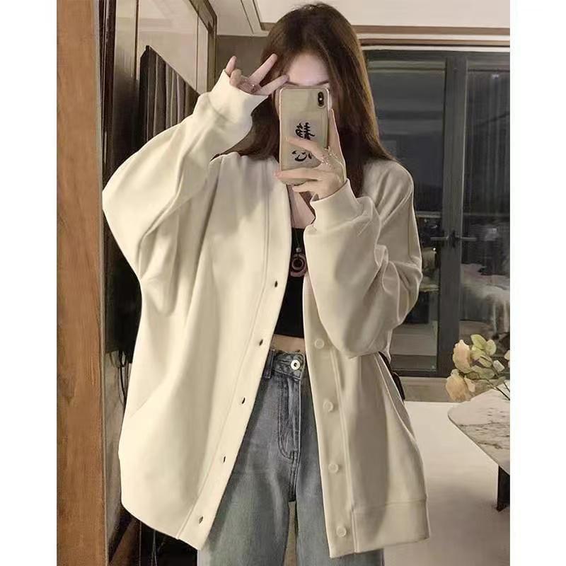 V-Neck Plain Oversized Bomber Jacket Product Image