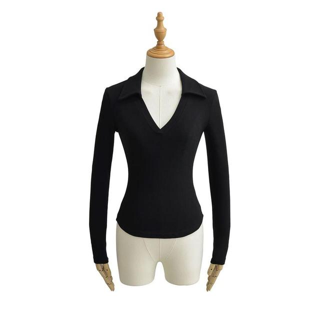 Long Sleeve V-Neck Plain Slim-Fit Polo Top Product Image