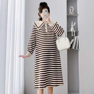 Maternity Long-Sleeve Collar Striped Midi Sweatshirt Dress Product Image