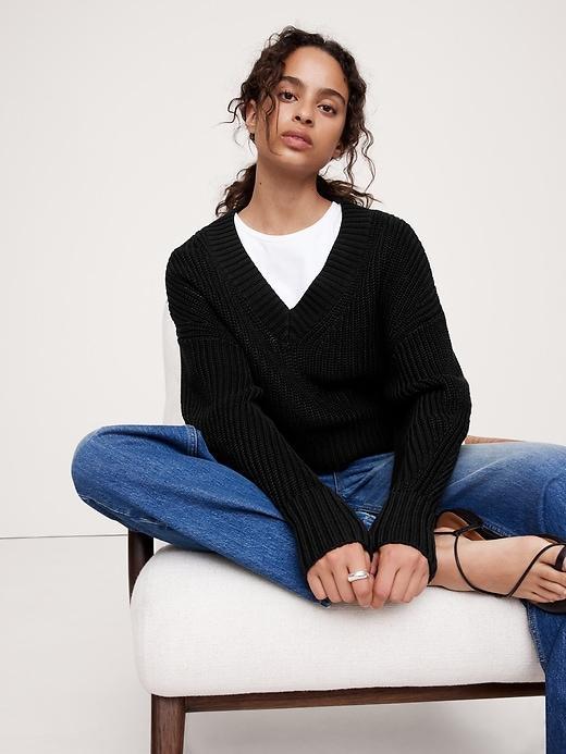 Oversized Cropped V-Neck Cotton Sweater Product Image