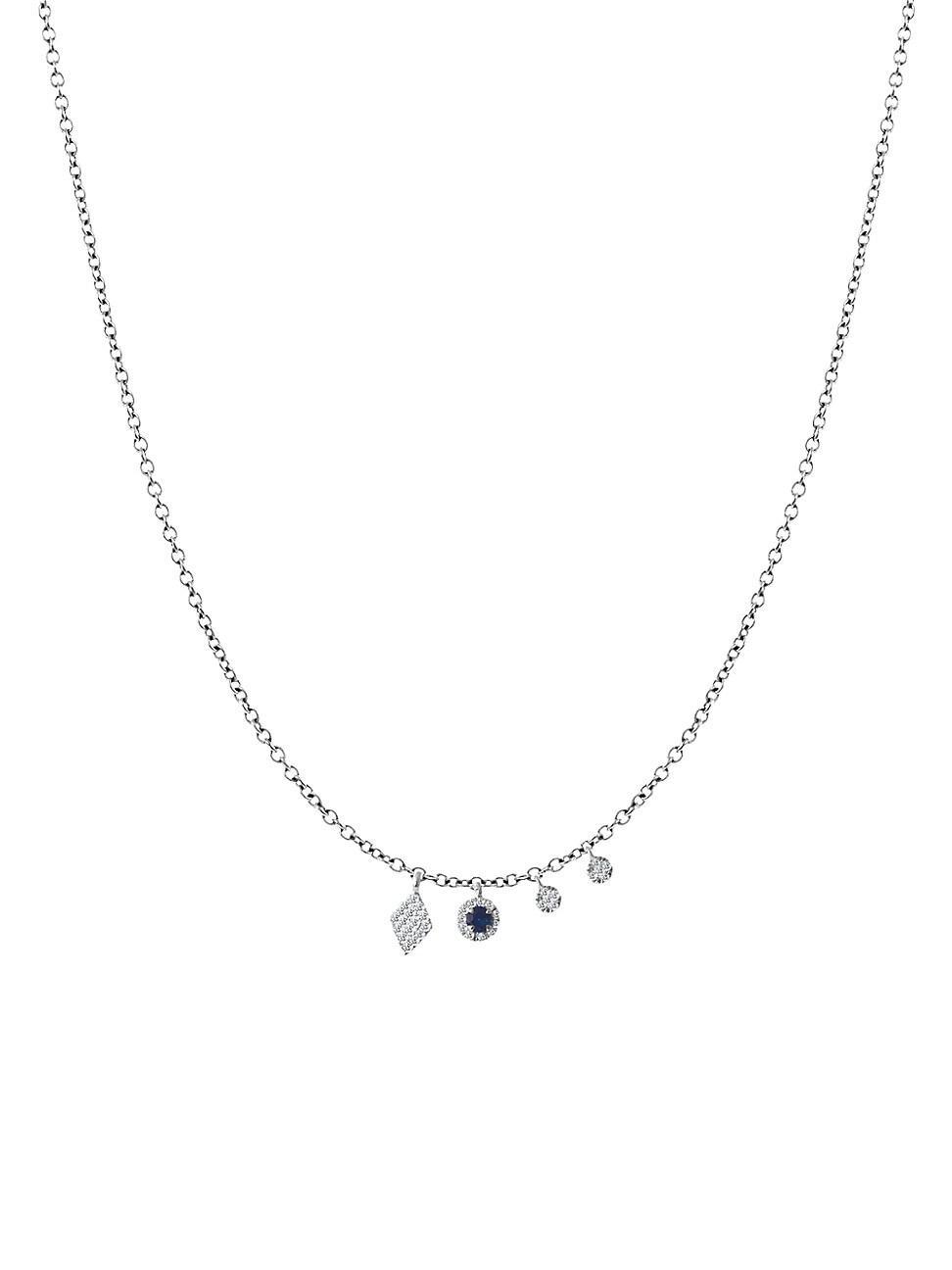 Womens 14K White Gold Diamond & Sapphire Charm Necklace Product Image