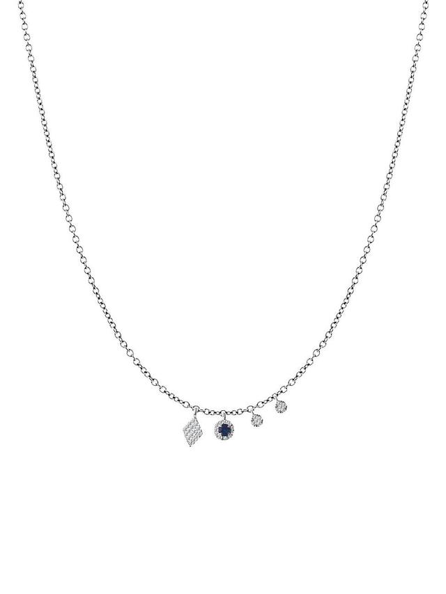 Womens 14K White Gold Diamond & Sapphire Charm Necklace Product Image