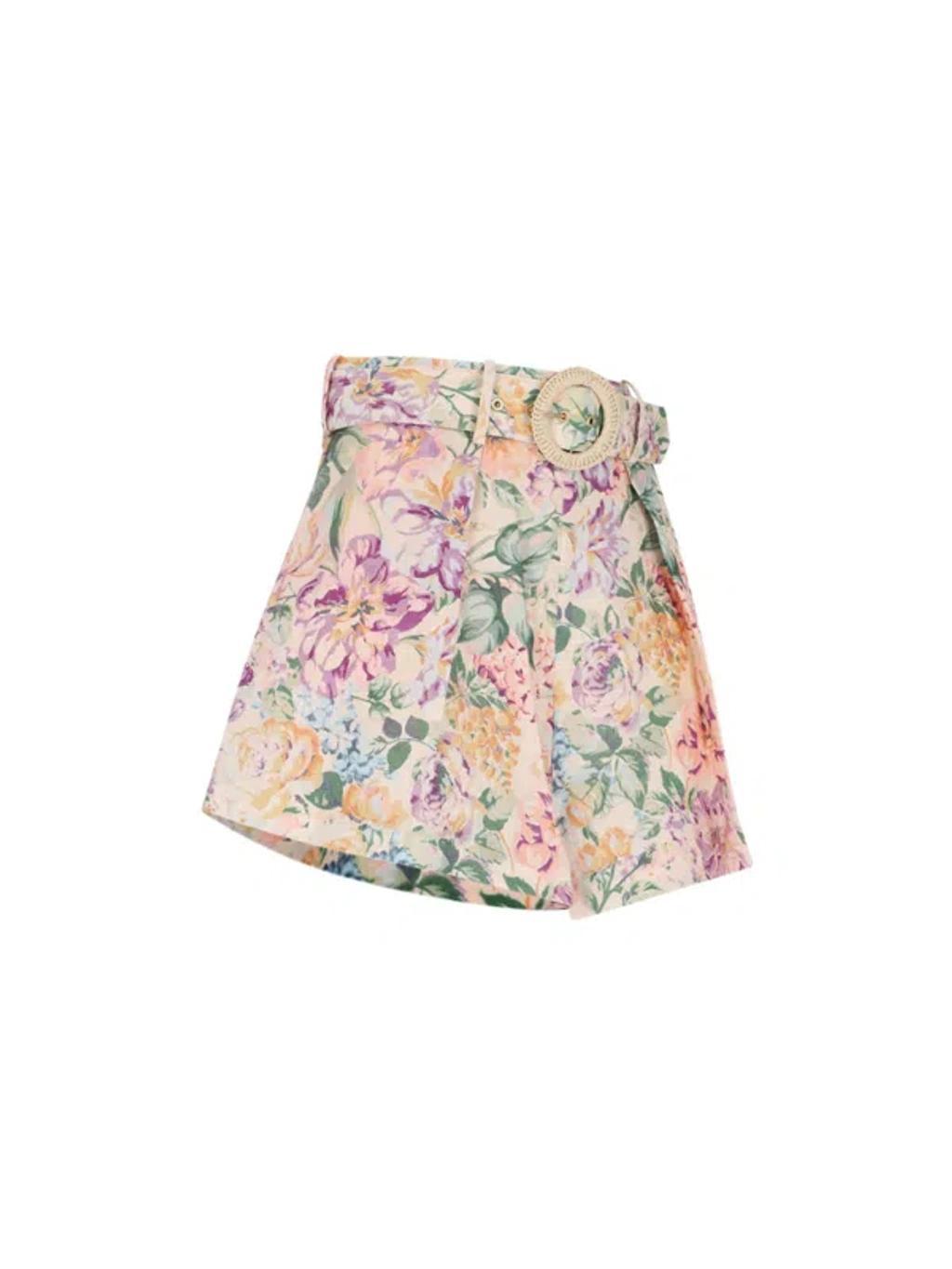 ZIMMERMANN Halliday Floral Belted Linen Shorts In Multi Watercolour Floral Product Image