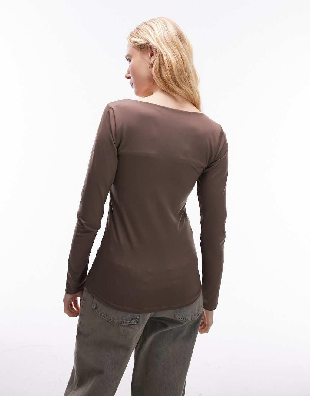 Topshop clean square neck long sleeve top in mocha Product Image