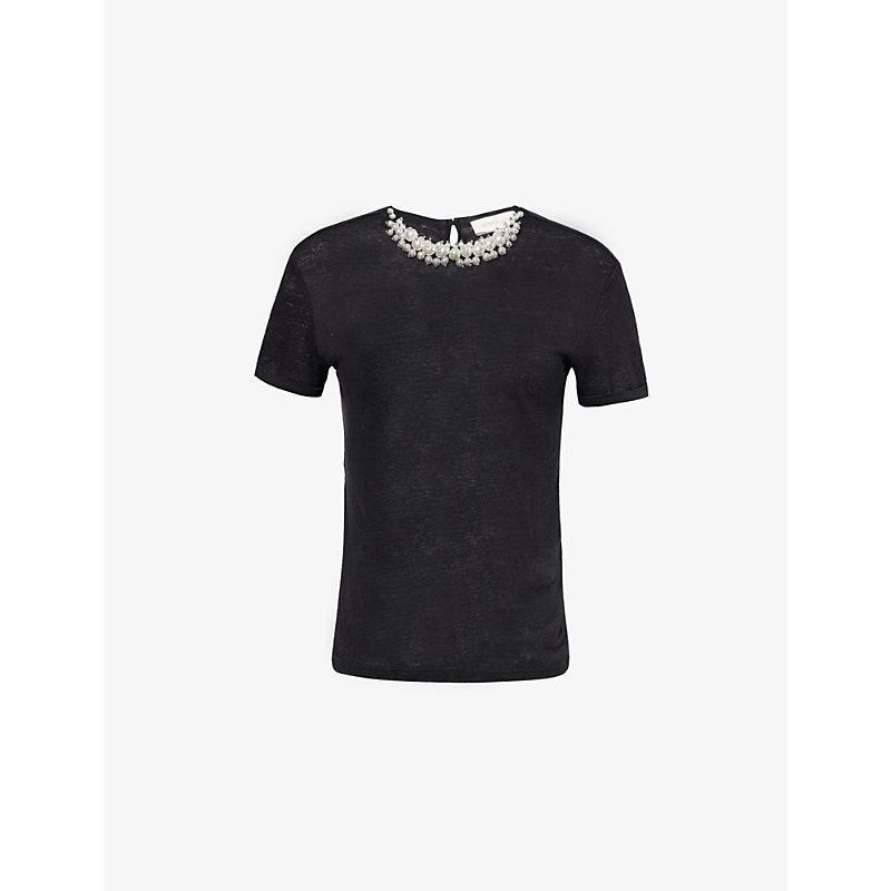 ZIMMERMANN Crush Embellished Linen T-shirt In Black Product Image