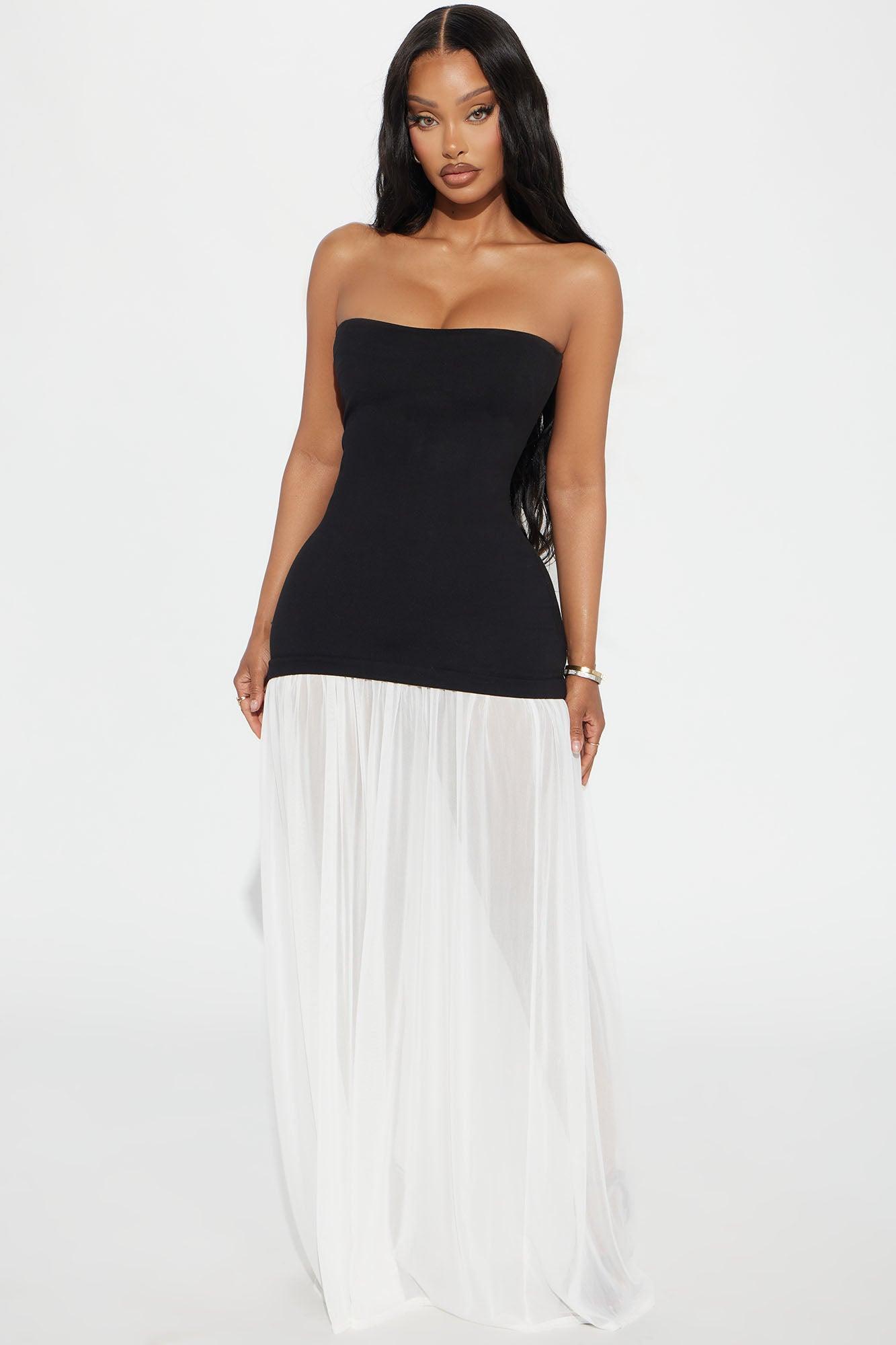 Mary Strapless Drop Waist Maxi Dress - Black/White Product Image