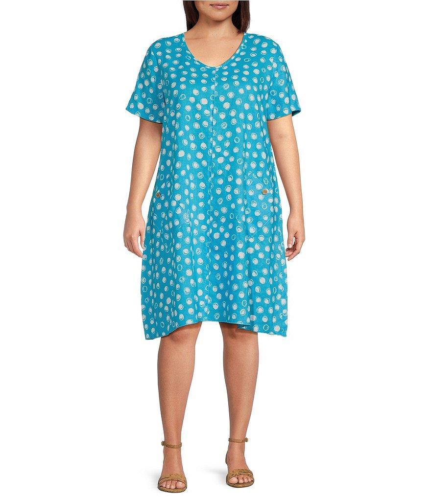 Ali Miles Plus Size Woven Polka Dots Print V-Neck Short Sleeve A-Line Dress Product Image